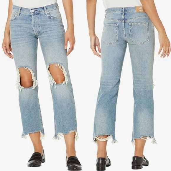 NWT We The Free People "Maggie" Mid Rise Straight Distressed Blue Jeans, Size 25 - Picture 2 of 13